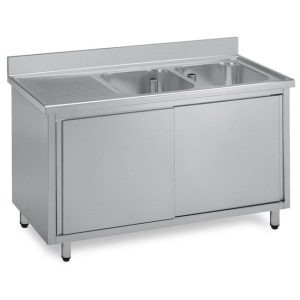 Lavello 2 vasche armadiato porte scorrevoli gocciolatoio sx con alzatina - L140 cm
