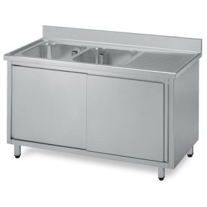 Lavello 2 vasche armadiato porte scorrevoli gocciolatoio dx con alzatina - L140 cm